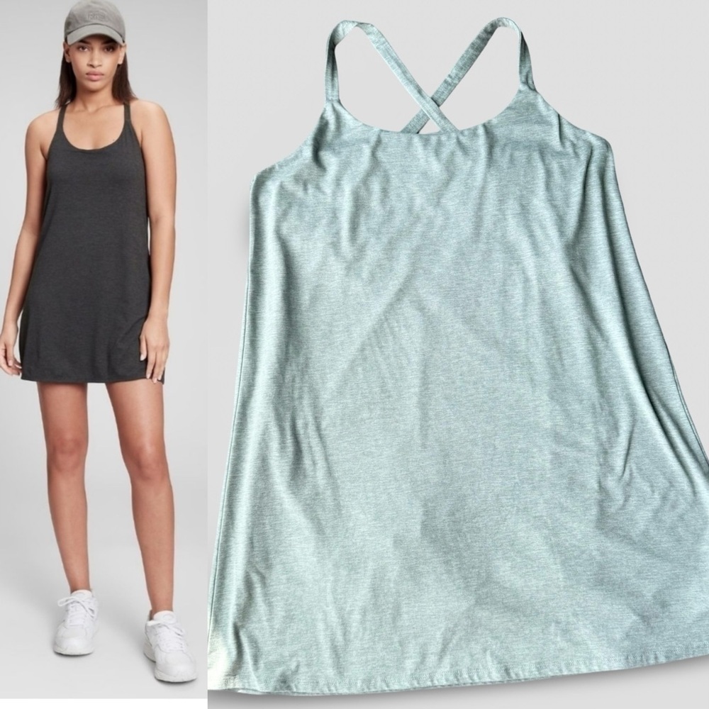 GapFit Brushed Tech Jersey Dress with Built in Shorts in Sage